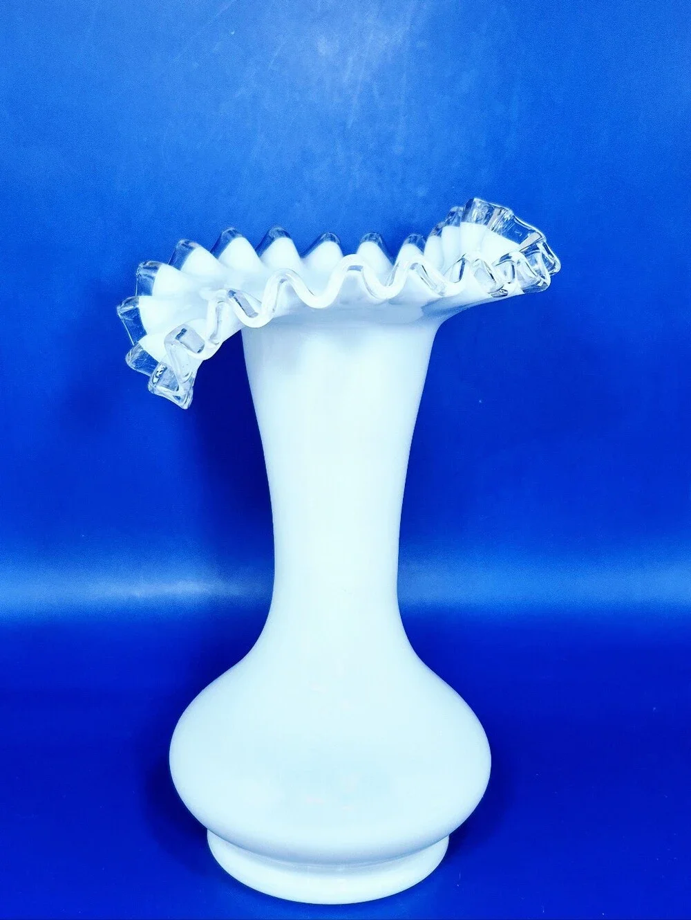 Vintage Fenton Silver Crest Milk Glass Ruffled Vase